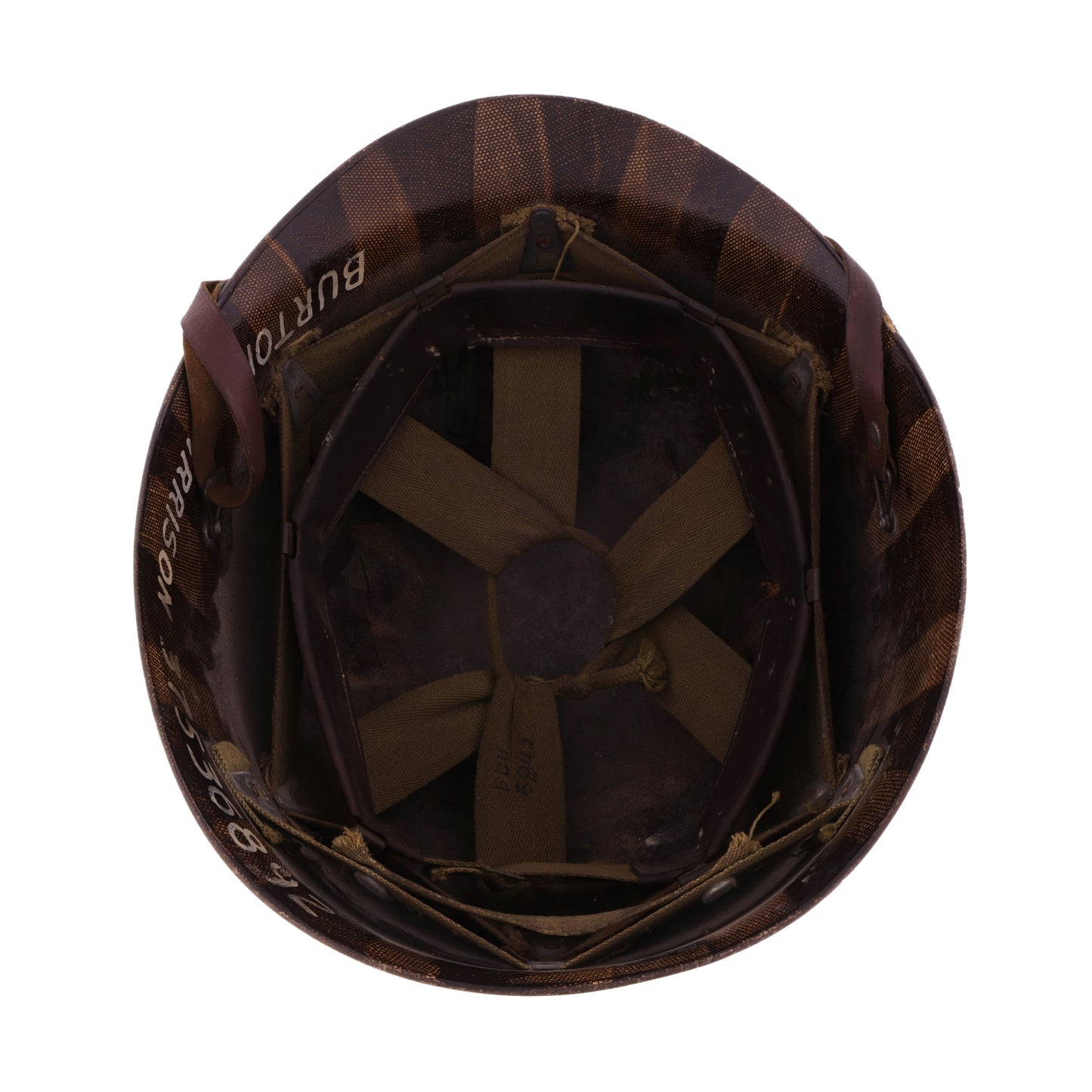 WWII U.S. Westinghouse M-1 Helmet Liner with Headband, Neckband & Leather Chinstrap Identified to Pvt. Burton D. Harrison (1942)