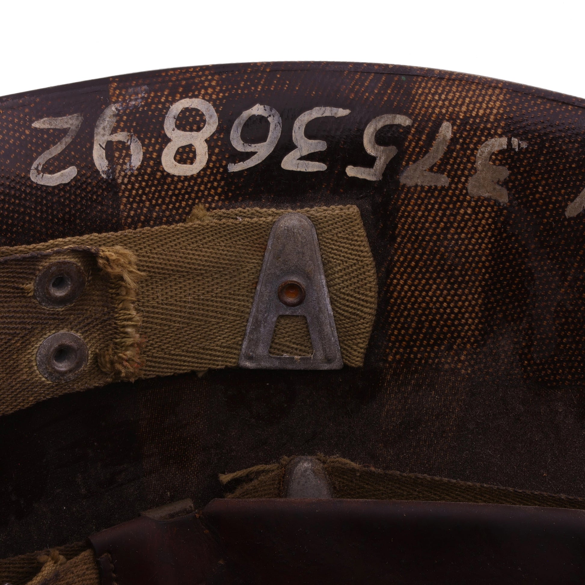 WWII U.S. Westinghouse M-1 Helmet Liner with Headband, Neckband & Leather Chinstrap Identified to Pvt. Burton D. Harrison (1942)