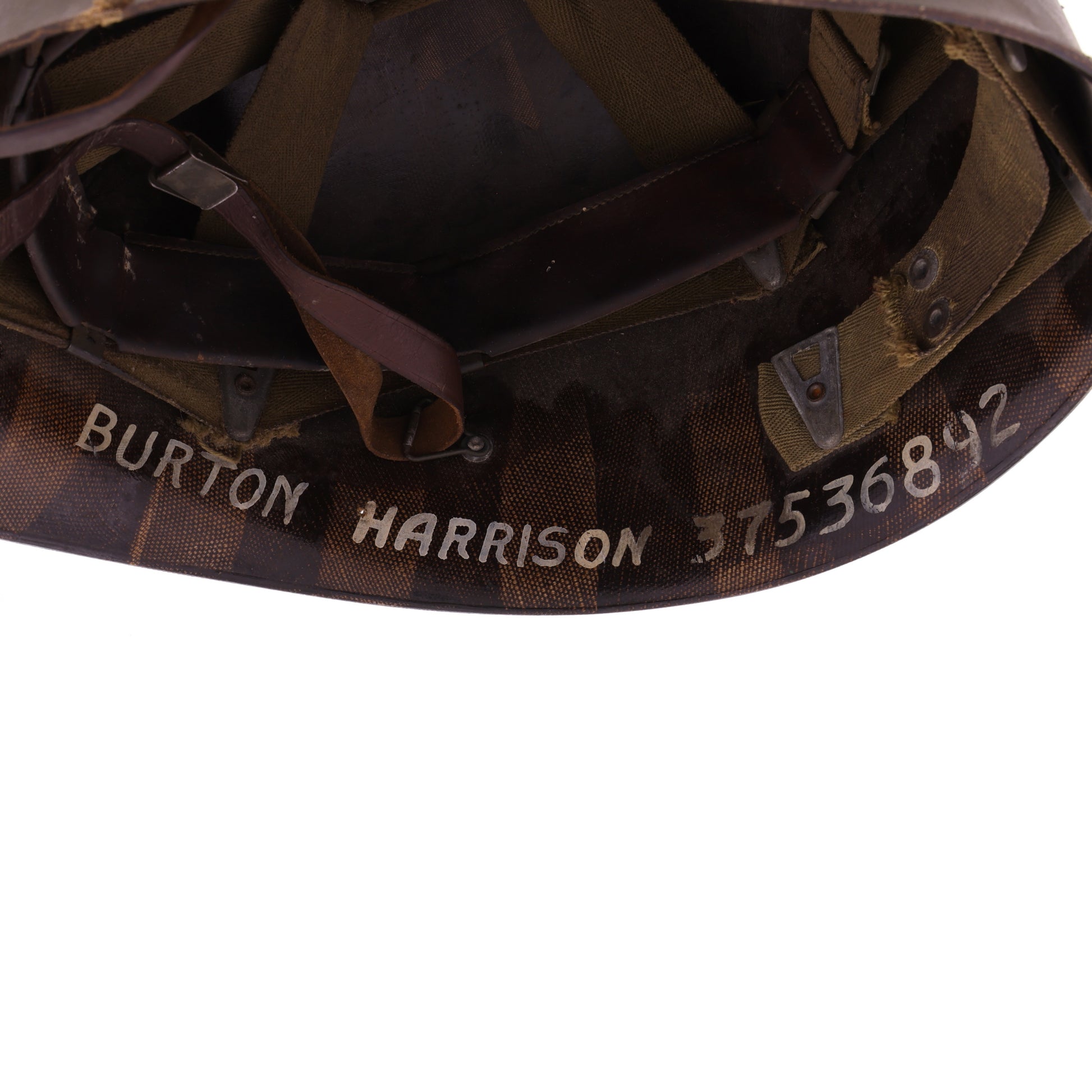 WWII U.S. Westinghouse M-1 Helmet Liner with Headband, Neckband & Leather Chinstrap Identified to Pvt. Burton D. Harrison (1942)