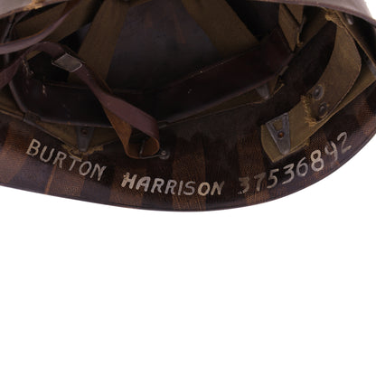 WWII U.S. Westinghouse M-1 Helmet Liner with Headband, Neckband & Leather Chinstrap Identified to Pvt. Burton D. Harrison (1942)
