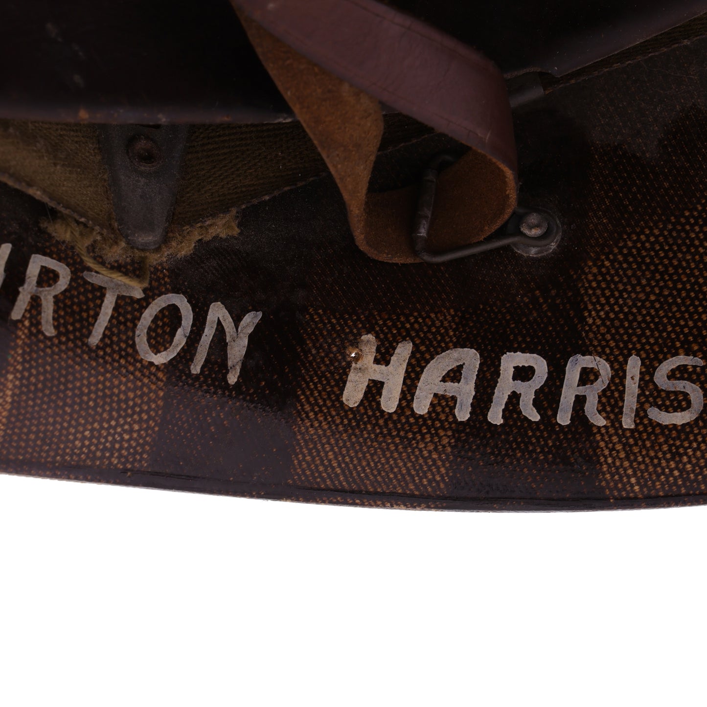 WWII U.S. Westinghouse M-1 Helmet Liner with Headband, Neckband & Leather Chinstrap Identified to Pvt. Burton D. Harrison (1942)