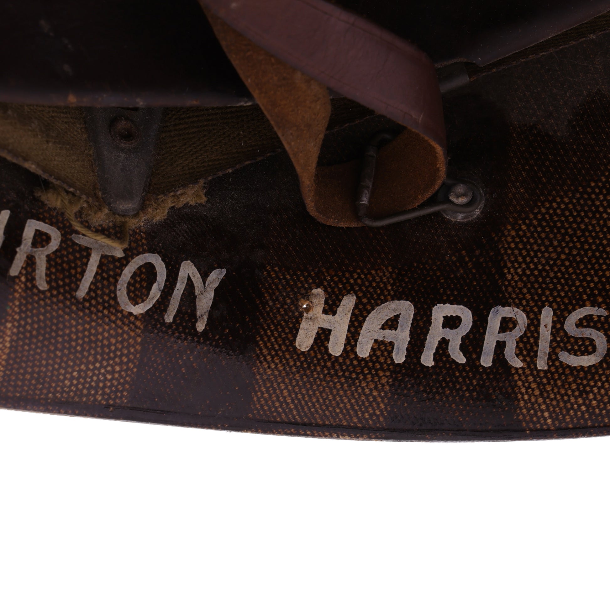 WWII U.S. Westinghouse M-1 Helmet Liner with Headband, Neckband & Leather Chinstrap Identified to Pvt. Burton D. Harrison (1942)