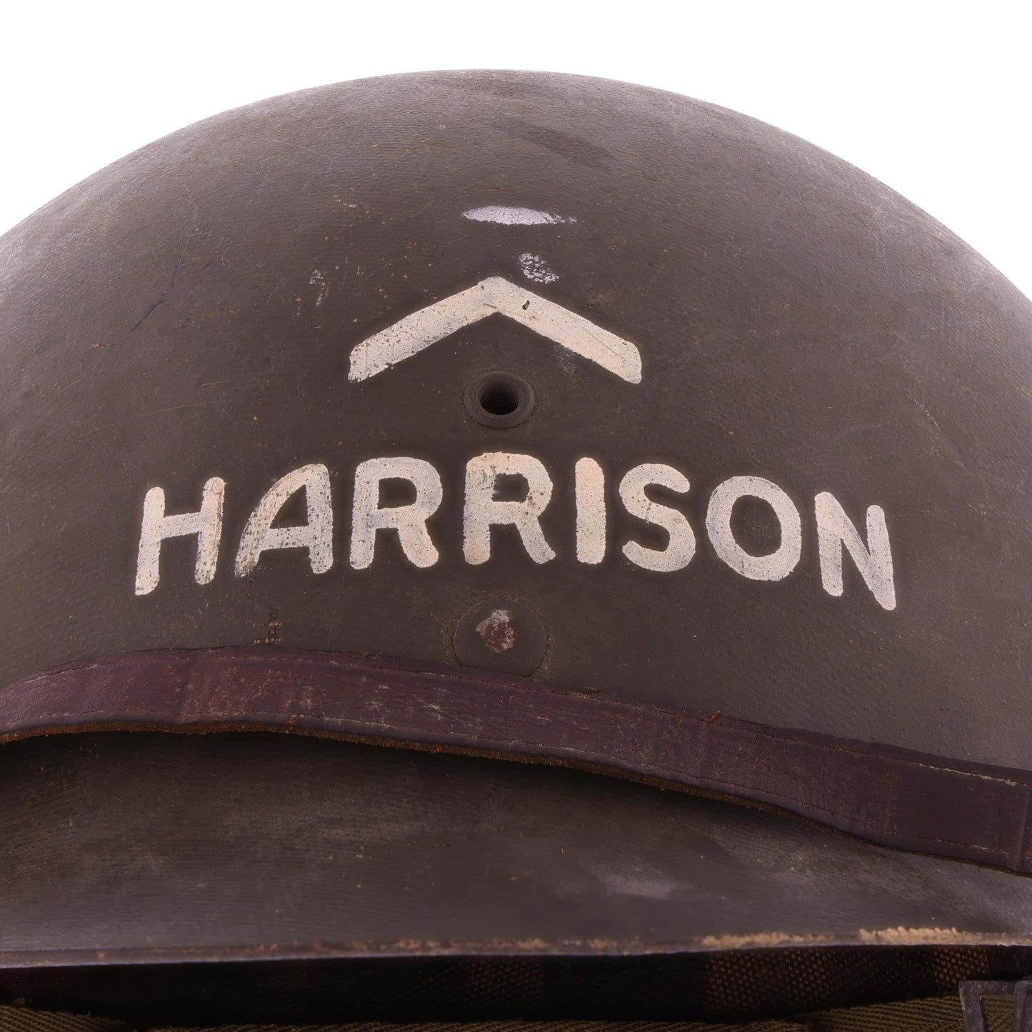 WWII U.S. Westinghouse M-1 Helmet Liner with Headband, Neckband & Leather Chinstrap Identified to Pvt. Burton D. Harrison (1942)