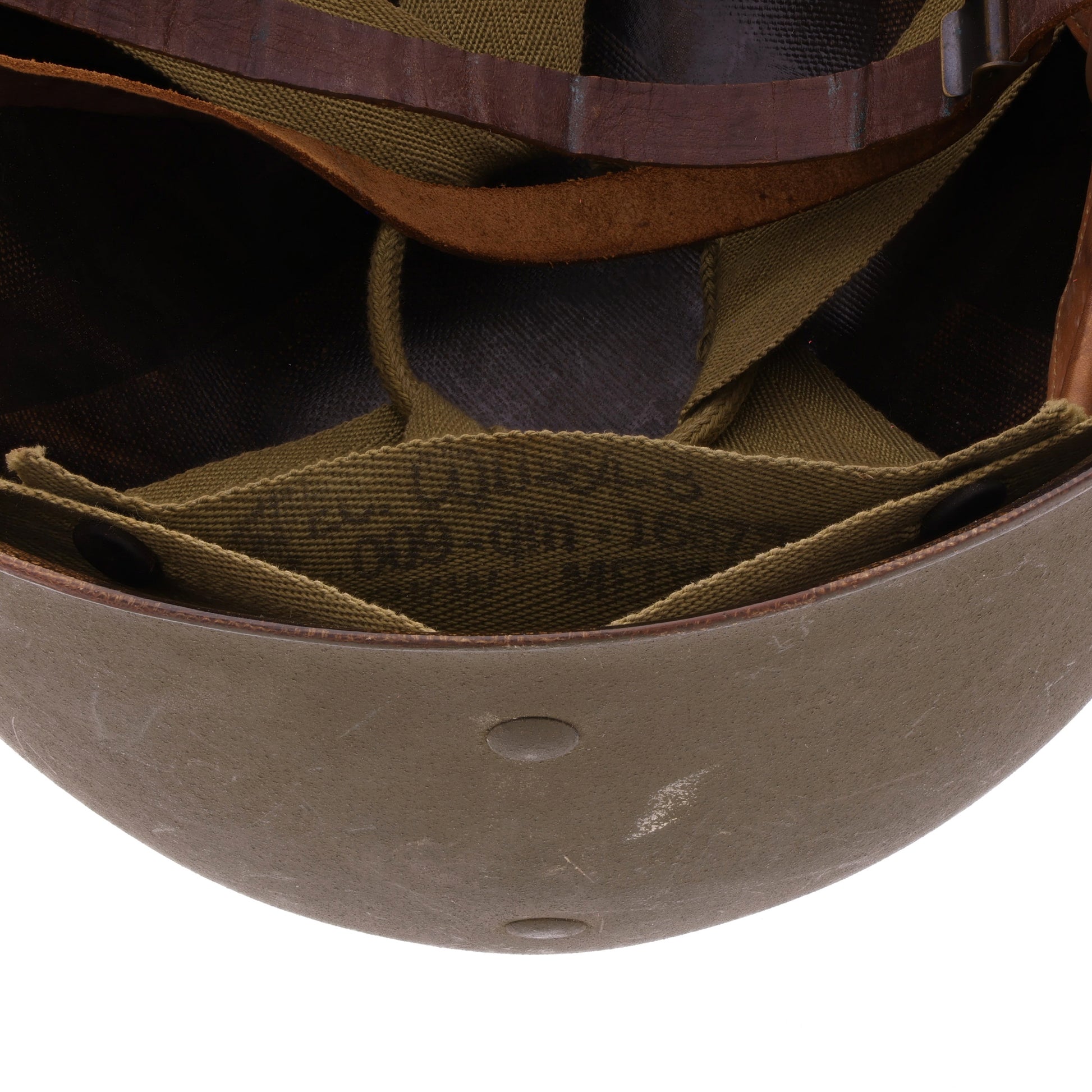 WWII U.S. Westinghouse M-1 Helmet Liner with Headband, Neckband & Leather Chinstrap (1944-45)