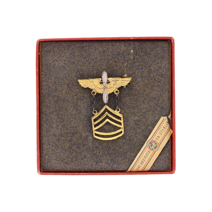 WWII USAAF 24K Gold-Plated Sterling Silver Technical Sergeant's Miniature Rank Insignia Pin with Box by G. K. Co.