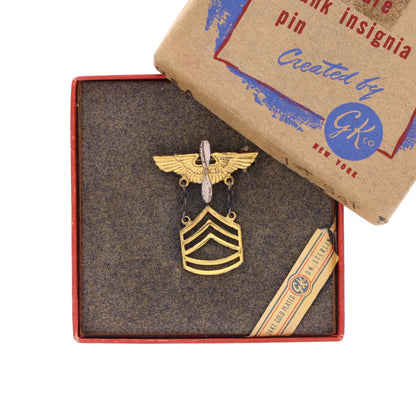 WWII USAAF 24K Gold-Plated Sterling Silver Technical Sergeant's Miniature Rank Insignia Pin with Box by G. K. Co.