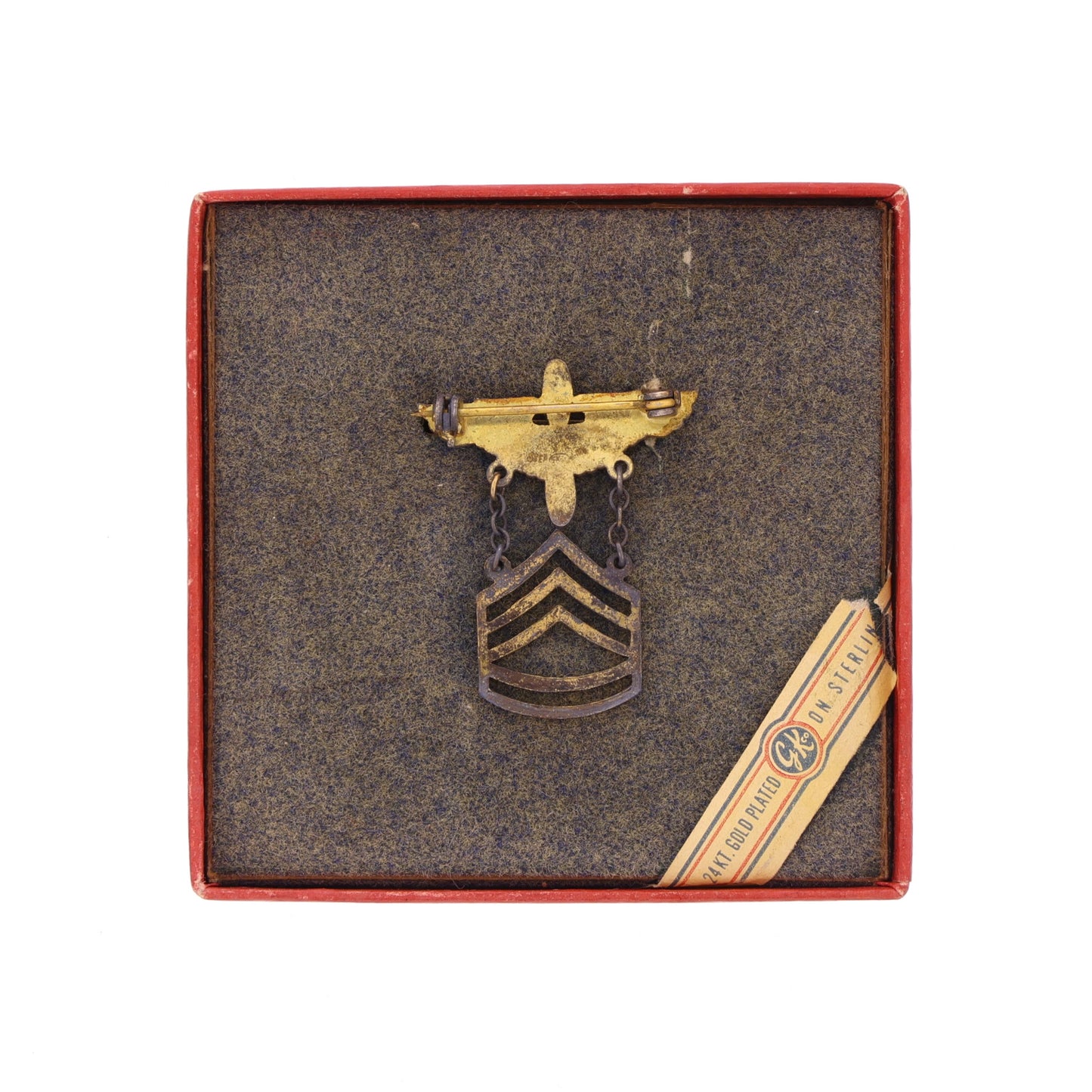 WWII USAAF 24K Gold-Plated Sterling Silver Technical Sergeant's Miniature Rank Insignia Pin with Box by G. K. Co.