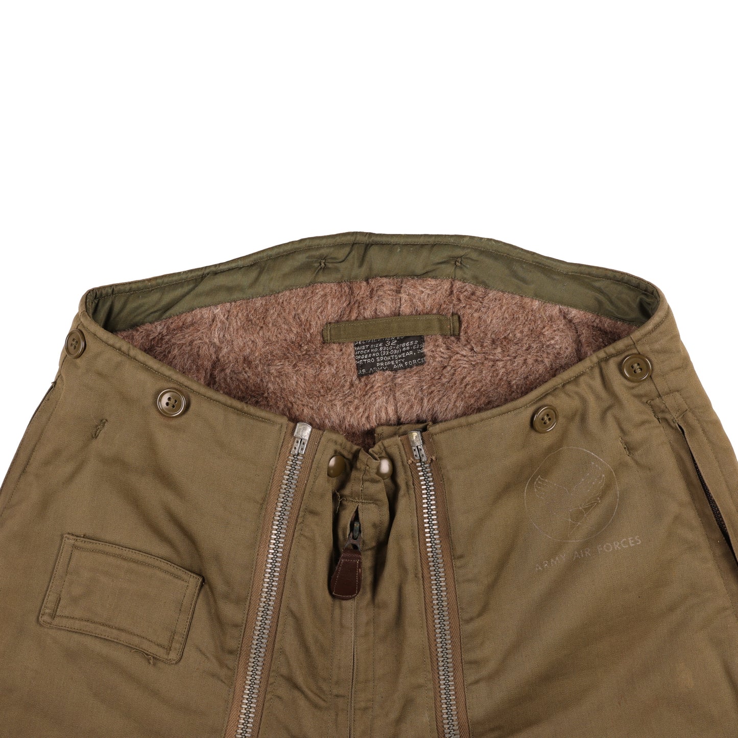 WWII USAAF Type A-11 Intermediate Flying Trousers with Alpaca Lining by Metro Sportswear, Inc. (Waist Size 32)