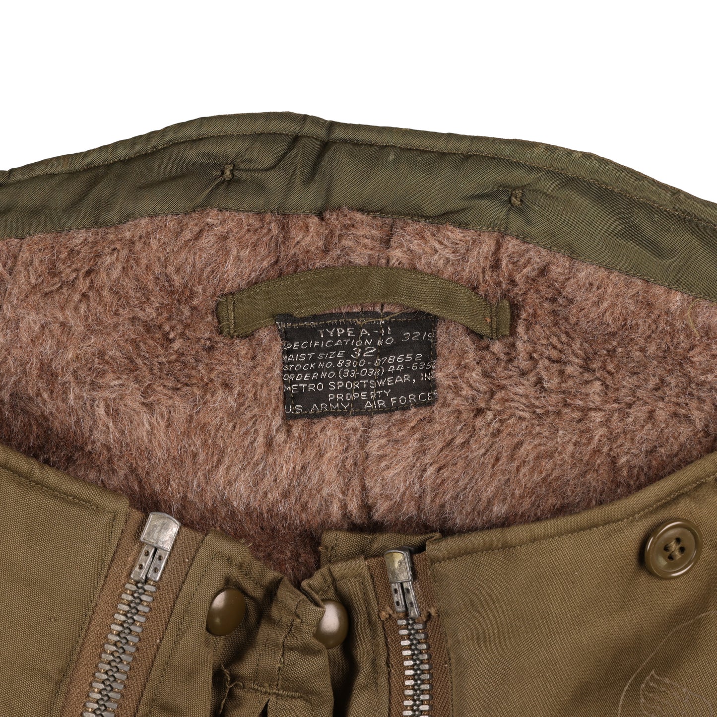 WWII USAAF Type A-11 Intermediate Flying Trousers with Alpaca Lining by Metro Sportswear, Inc. (Waist Size 32)