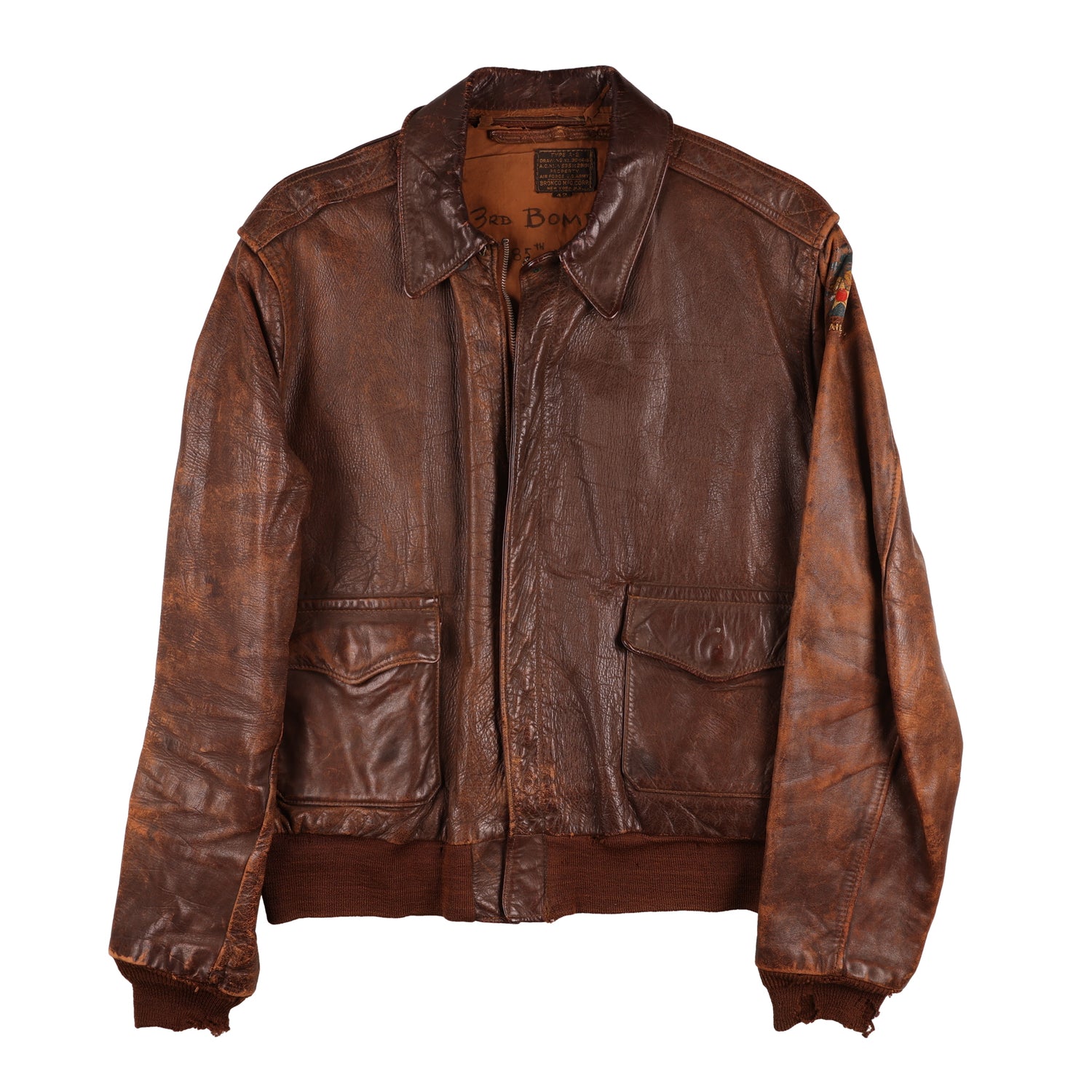 WWII USAAF Type A-2 Leather Flight Jacket by Bronco Mfg. Corp. Identified to the 385th Bombardment Group (Size 42)