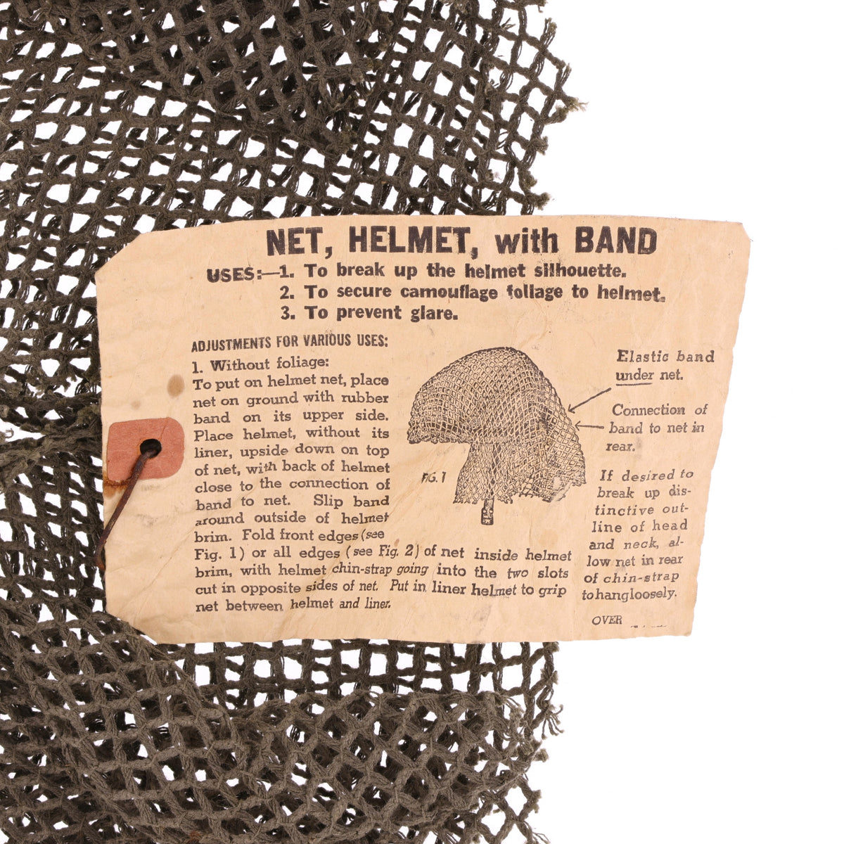 WWII U.S. "M44" Camouflage M-1 Helmet Net with Foliage Band & Instructions