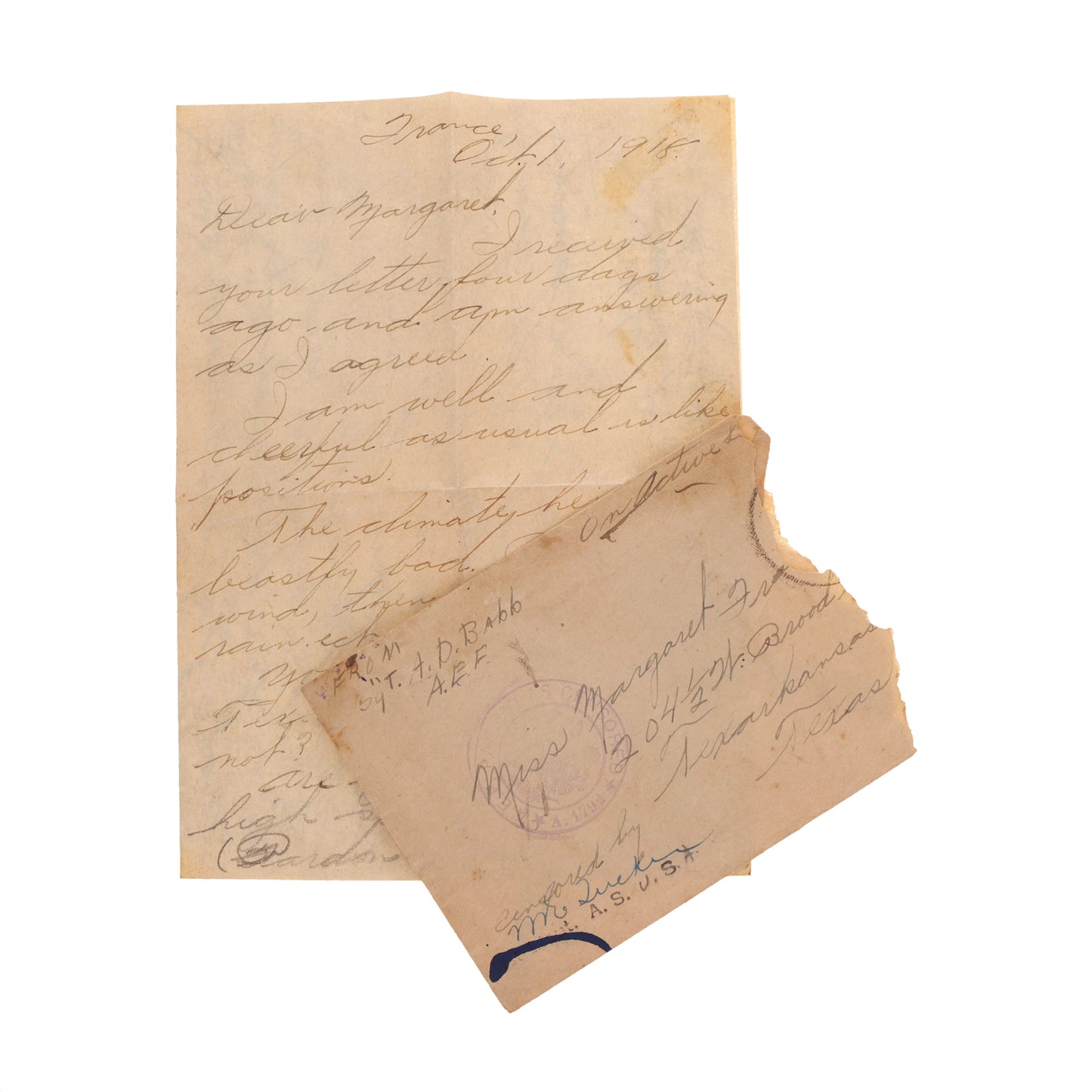 WWI U.S. Airman Sgt. Avon Dale Babb's Letter Documenting German Souvenir Hunting (1918)